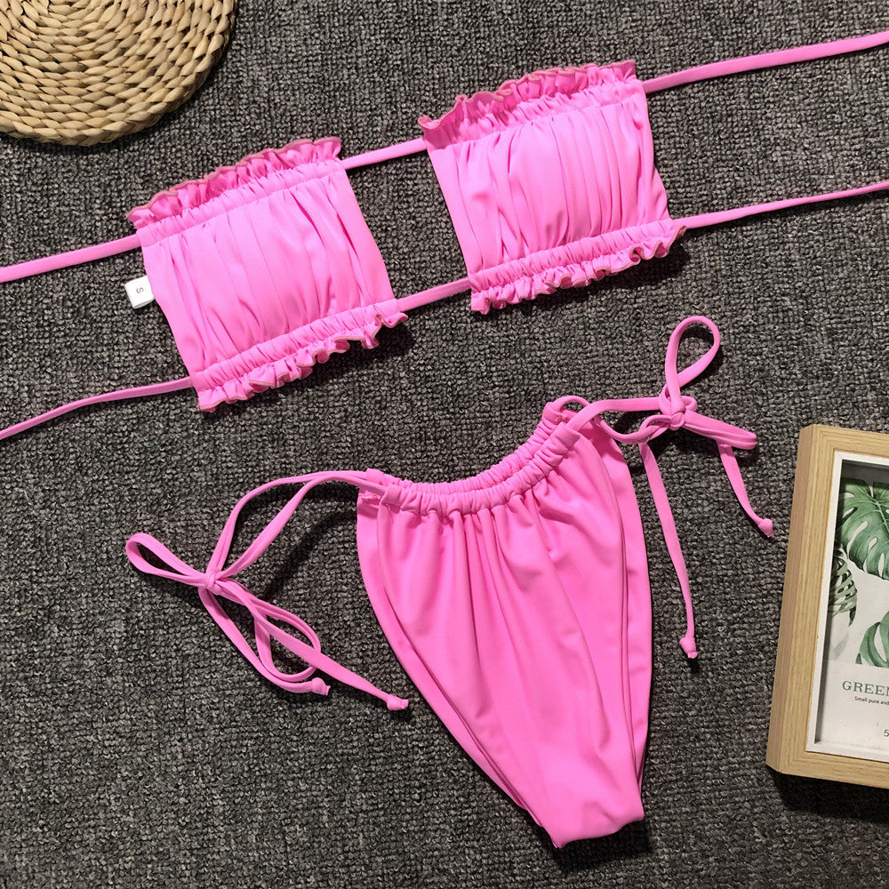 Frill Trim Ruched Bikini Set hot pink