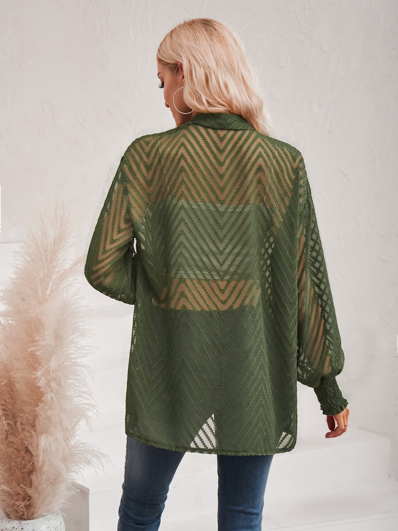 Lantern Sleeve Open Front Sheer Cardigan army green