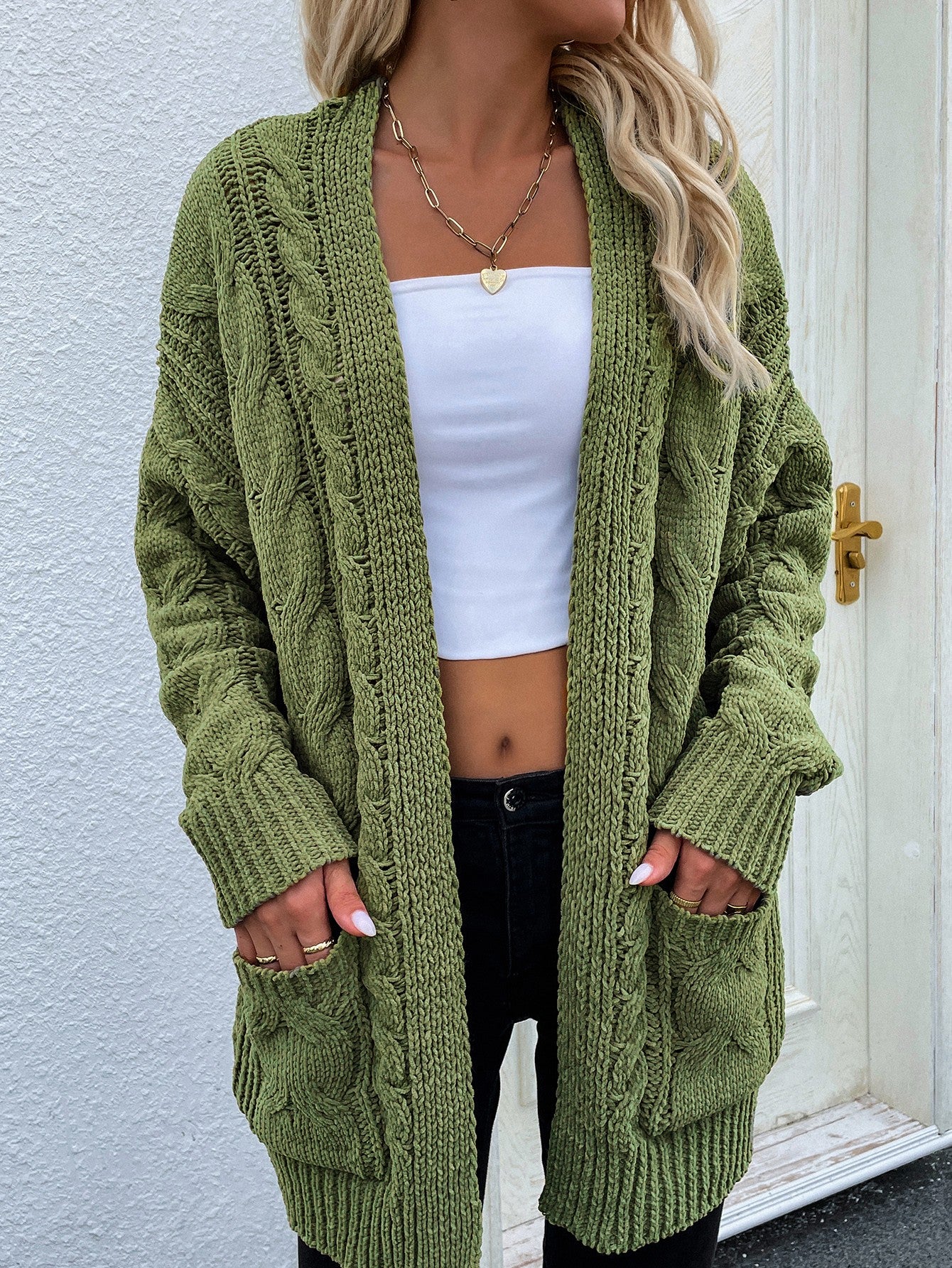 Cable-Knit Open Front Cardigan with Front Pockets green