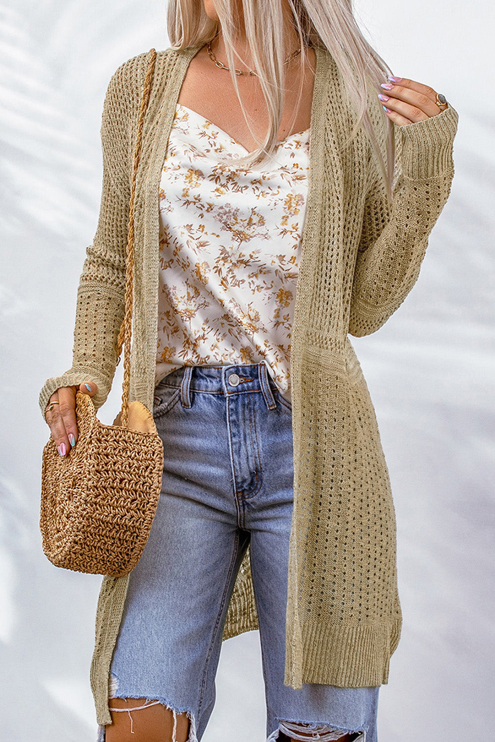 Openwork Dropped Shoulder Open Front Cardigan beige