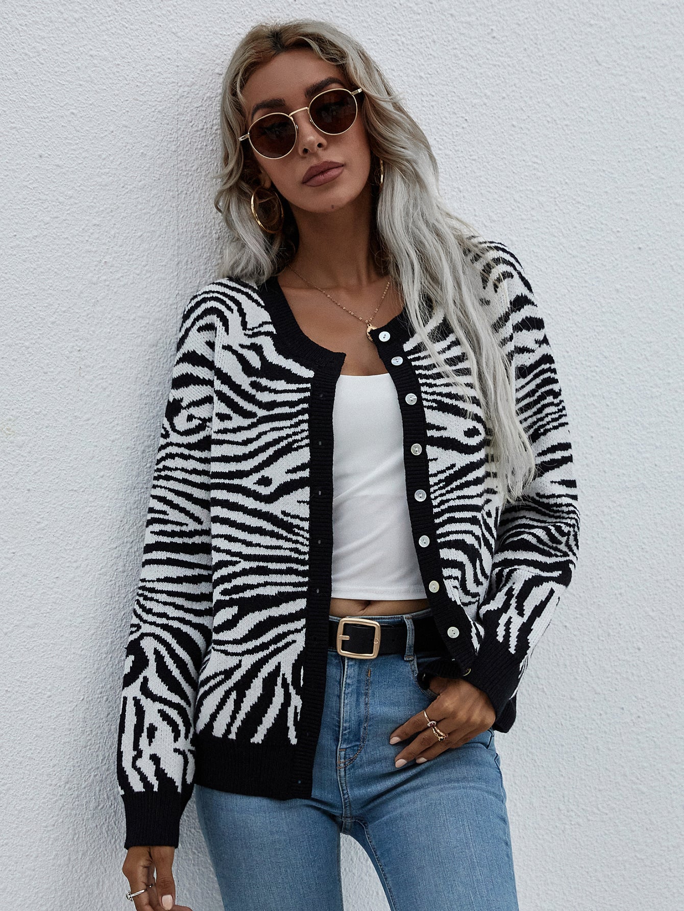 Zebra Print Button Down Cardigan black