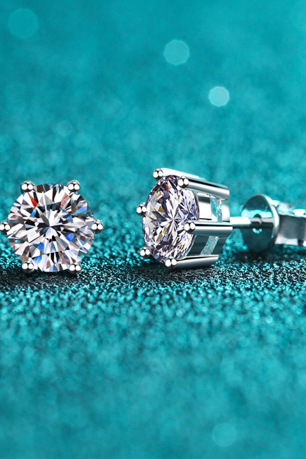 Moissanite Stud Earrings close up front and side view