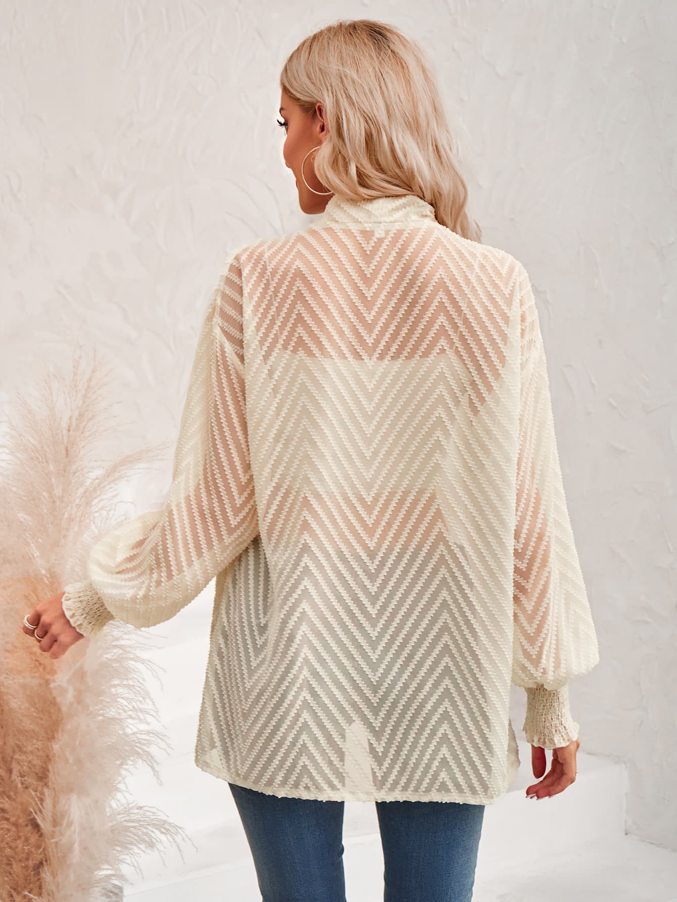 Lantern Sleeve Open Front Sheer Cardigan sand beige back view