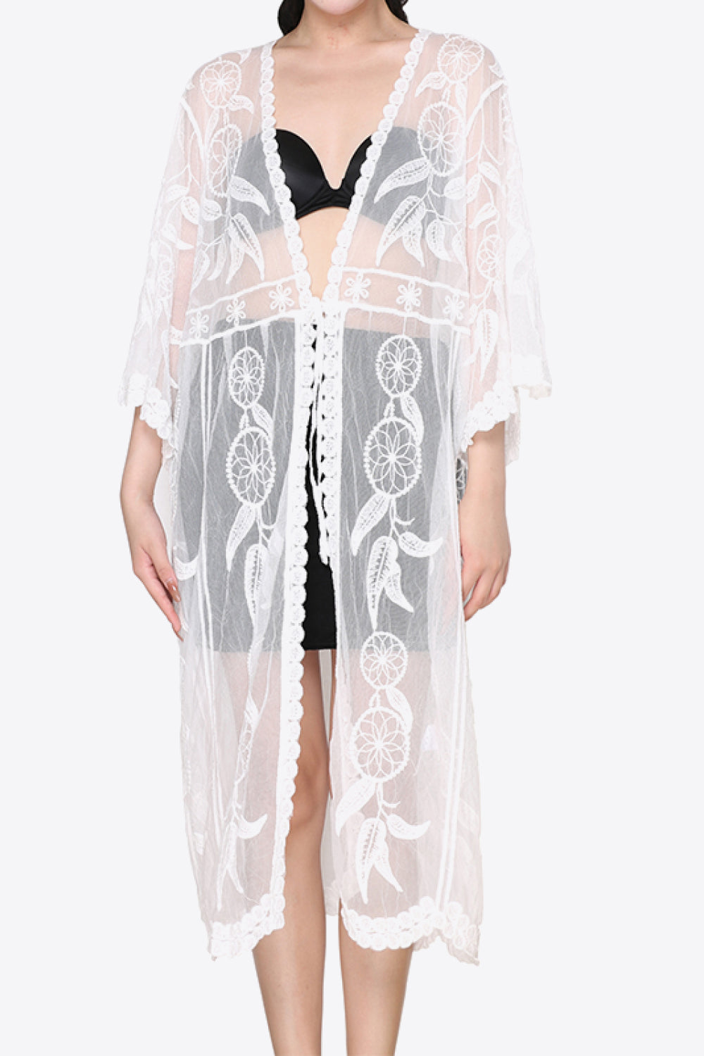 Tied Sheer Cover Up Cardigan in sheer white dream catcher feather pattern front view