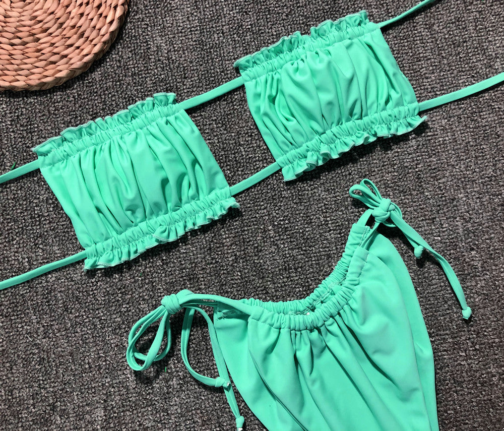 Frill Trim Ruched Bikini Set mint green