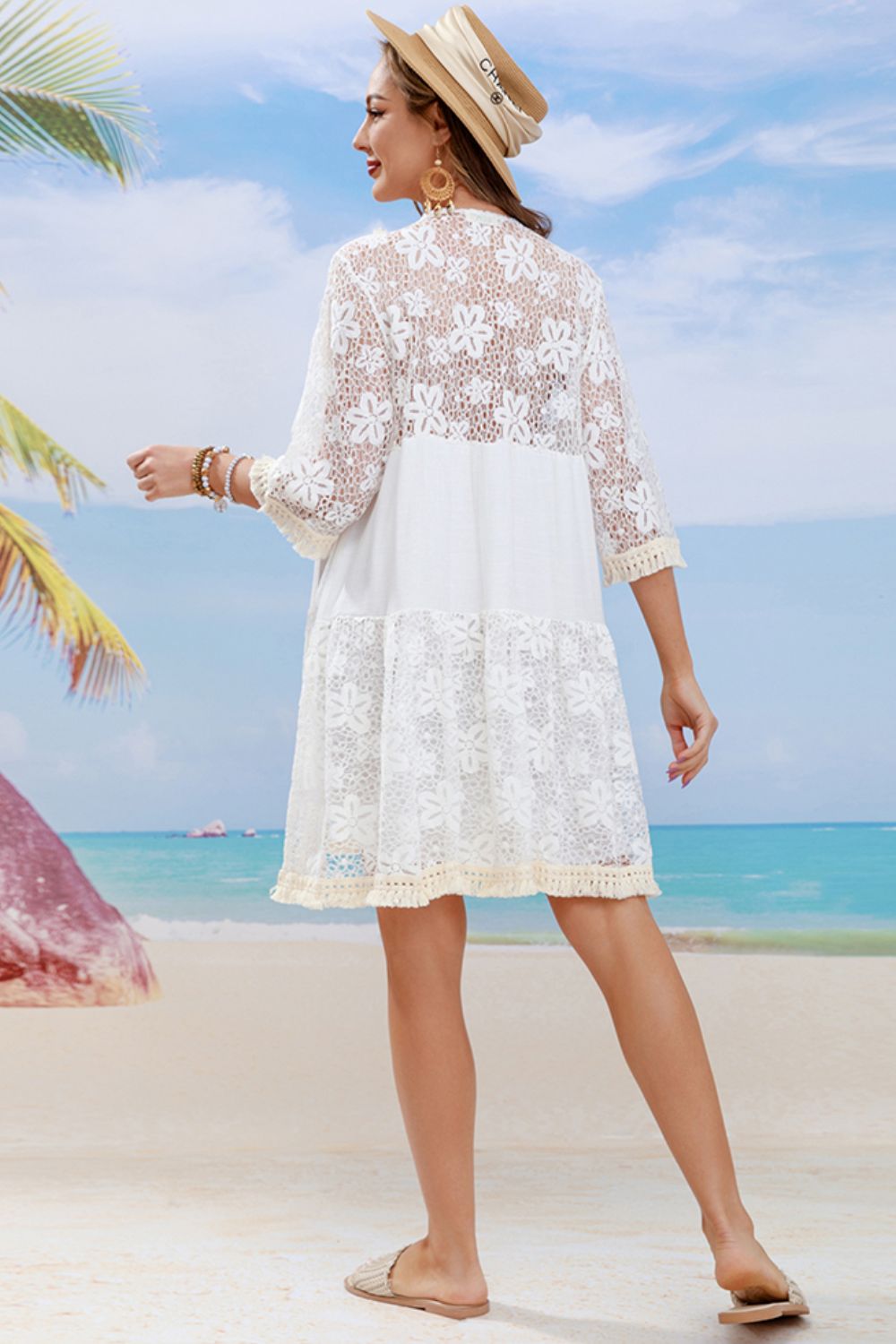 Tassel Spliced Lace Cover Up white back view