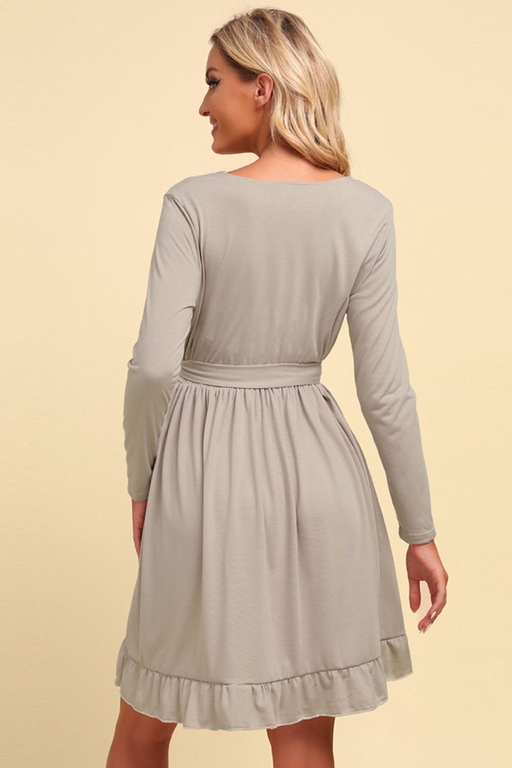 Long Sleeve Tie Waist Ruffle Hem Dress