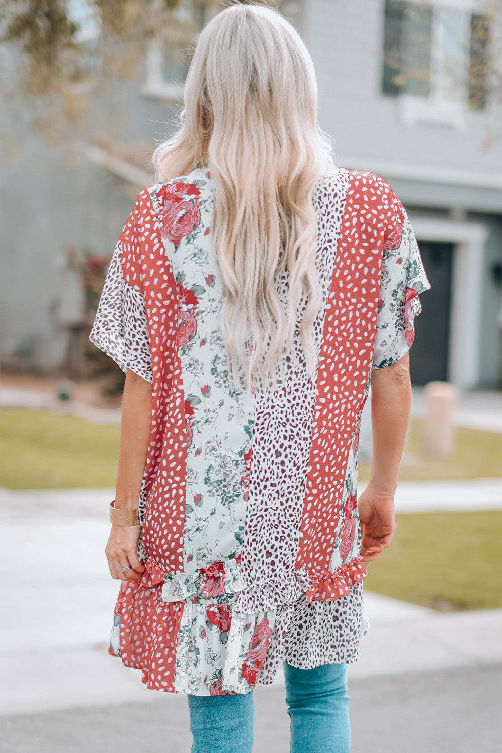 Mixed Print Ruffle Hem Kimono back view