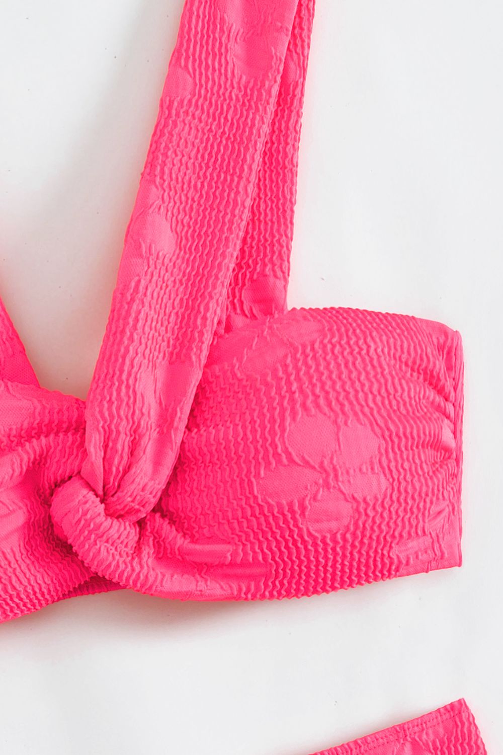 Textured Twisted Detail Bikini Set Hot Pink Bikini Top