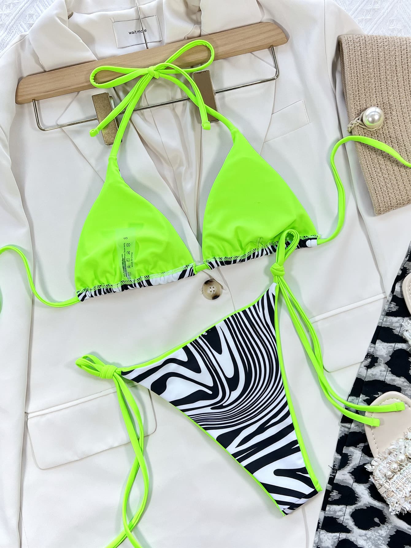 Zebra Print Halter Neck Bikini Set with green strings and linin