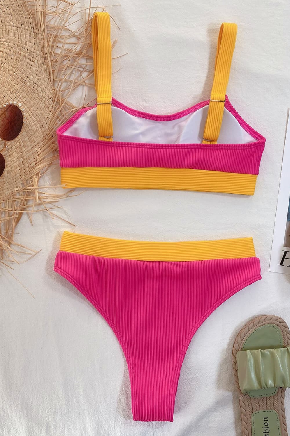 Color Block Scoop Neck Bikini Set pink and orange