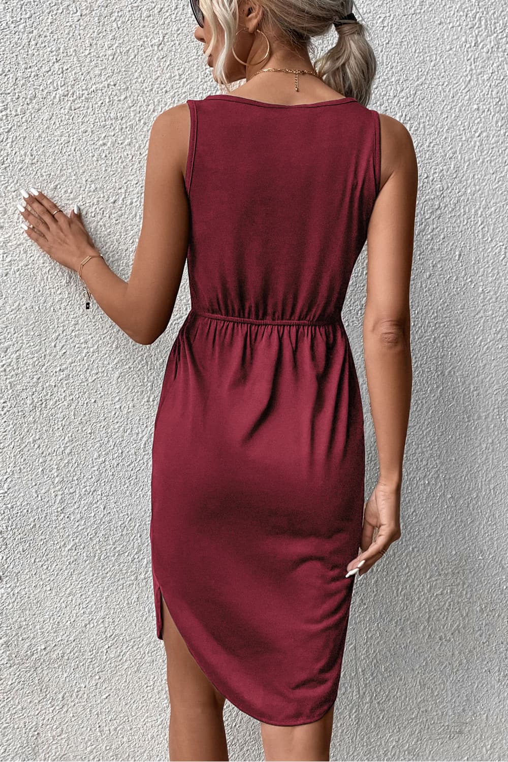 V-Neck Curved Hem Sleeveless Dress