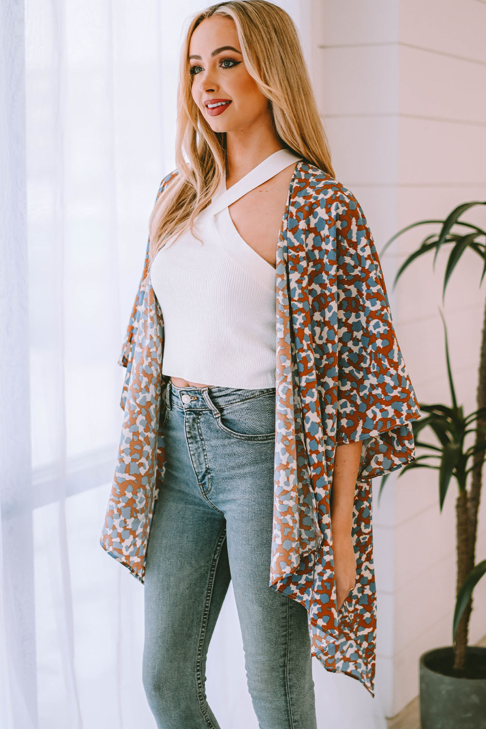 Printed Open Front Three-Quarter Sleeve Cover Up