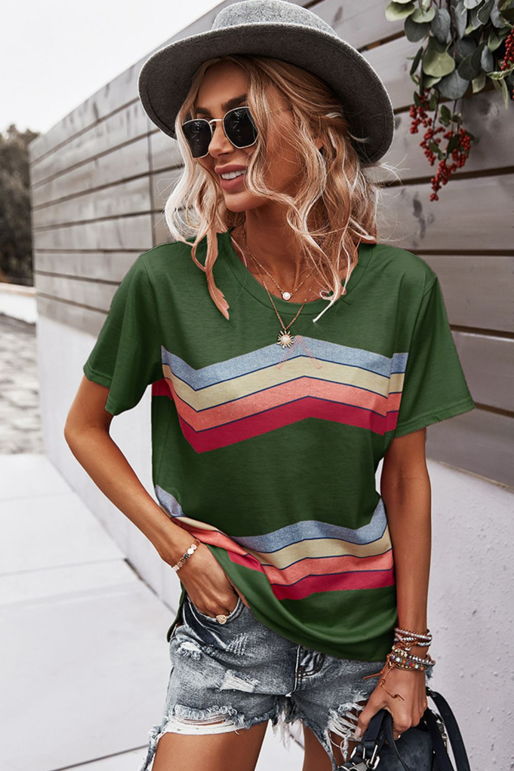 Multicolored Chevron Stripe Round Neck Side Slit T-Shirt