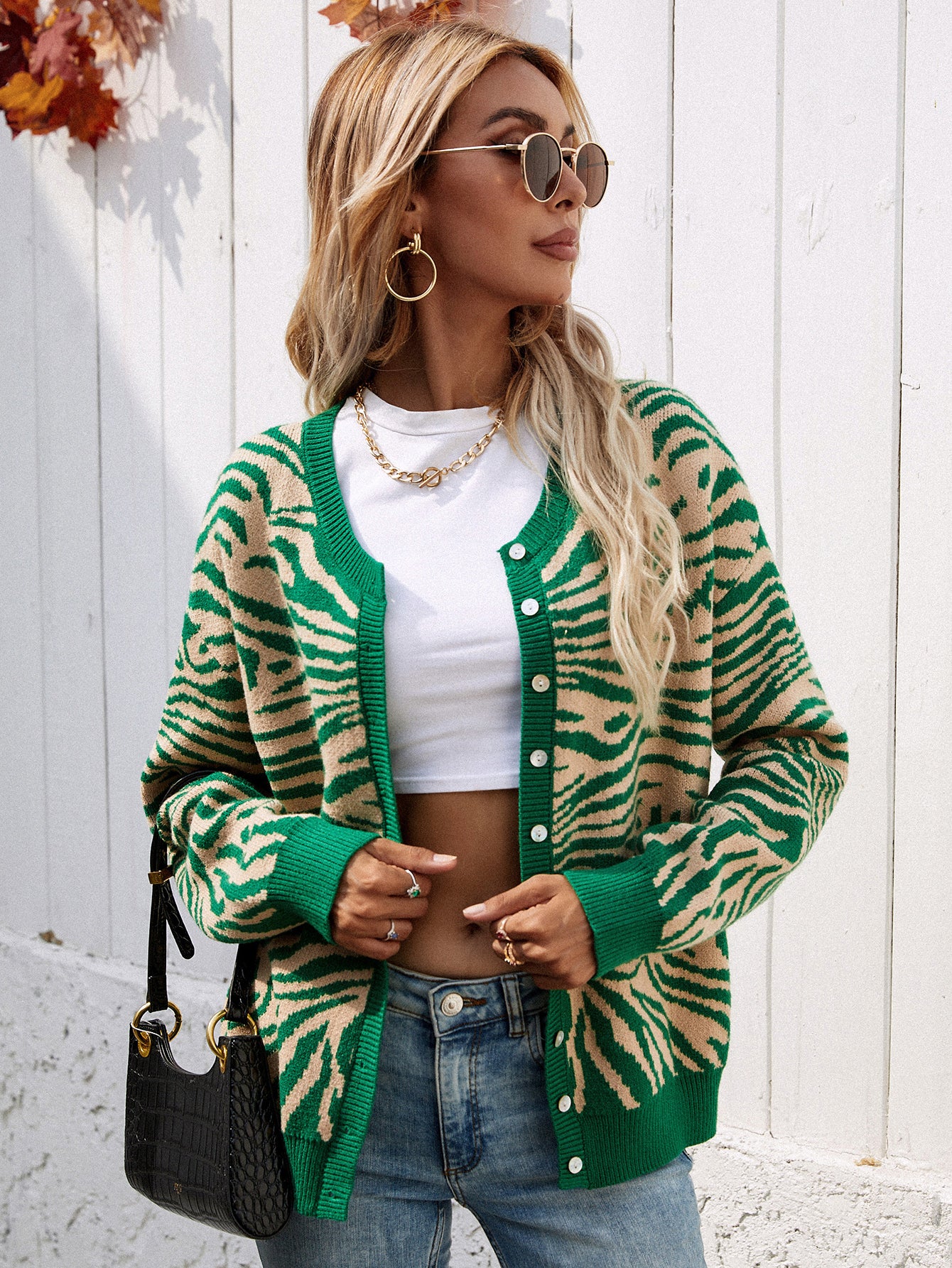 Zebra Print Button Down Cardigan green and beige