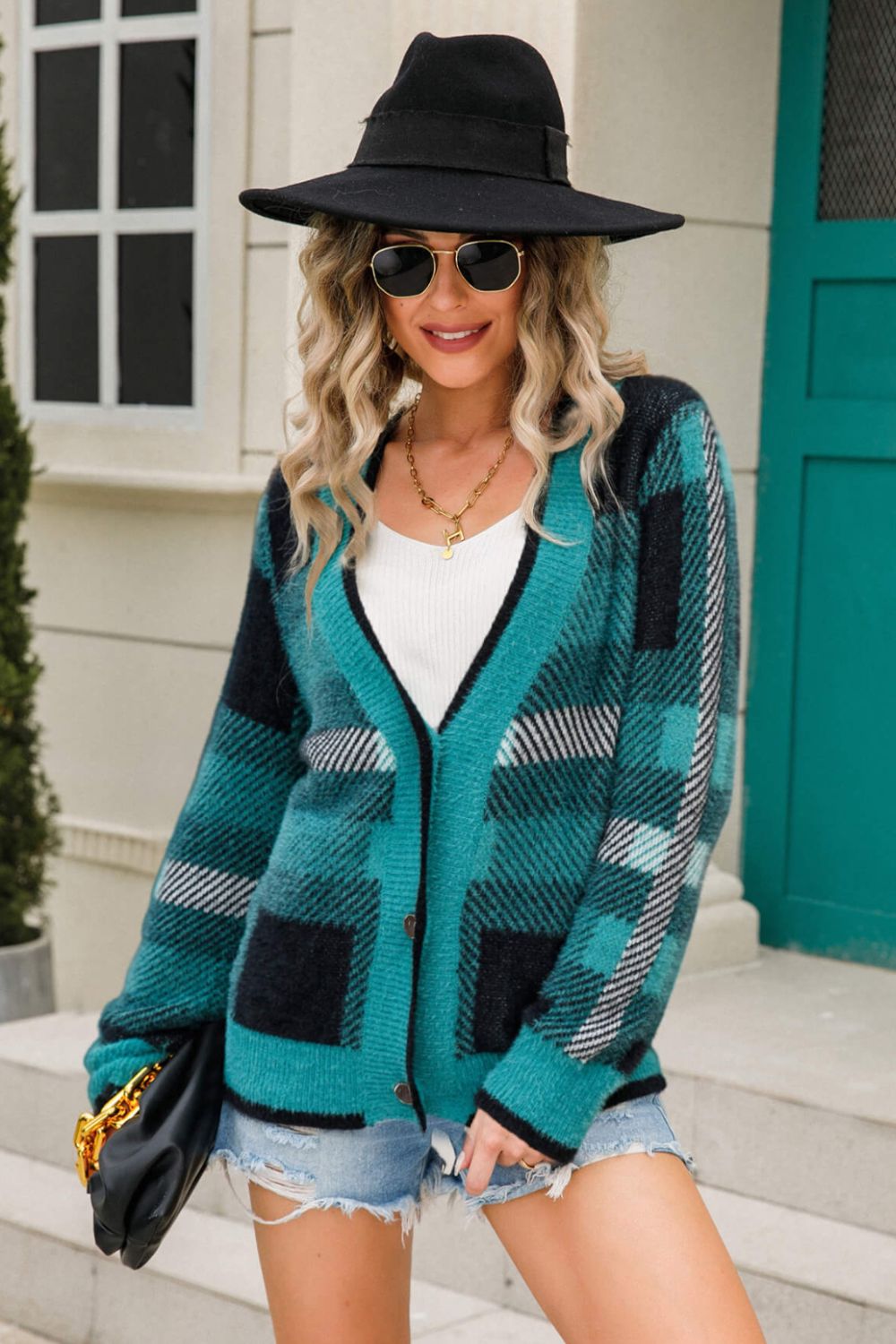 Striped Button-Front Fuzzy Cardigan green