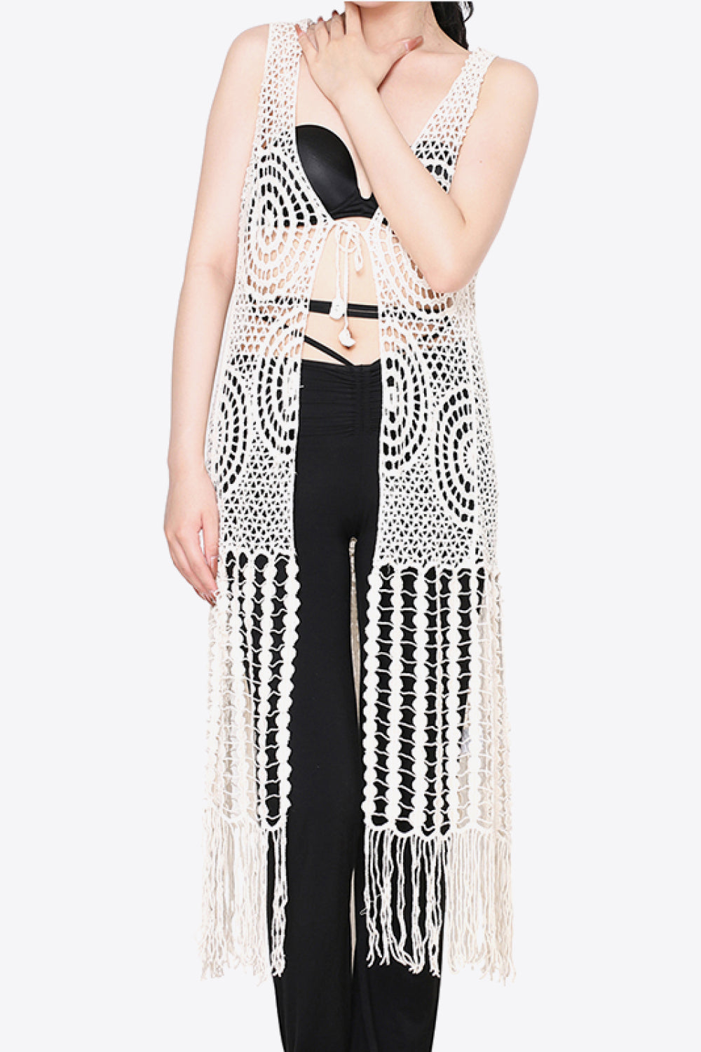 Tie Front Fringe Hem Sleeveless Cover Up Beige