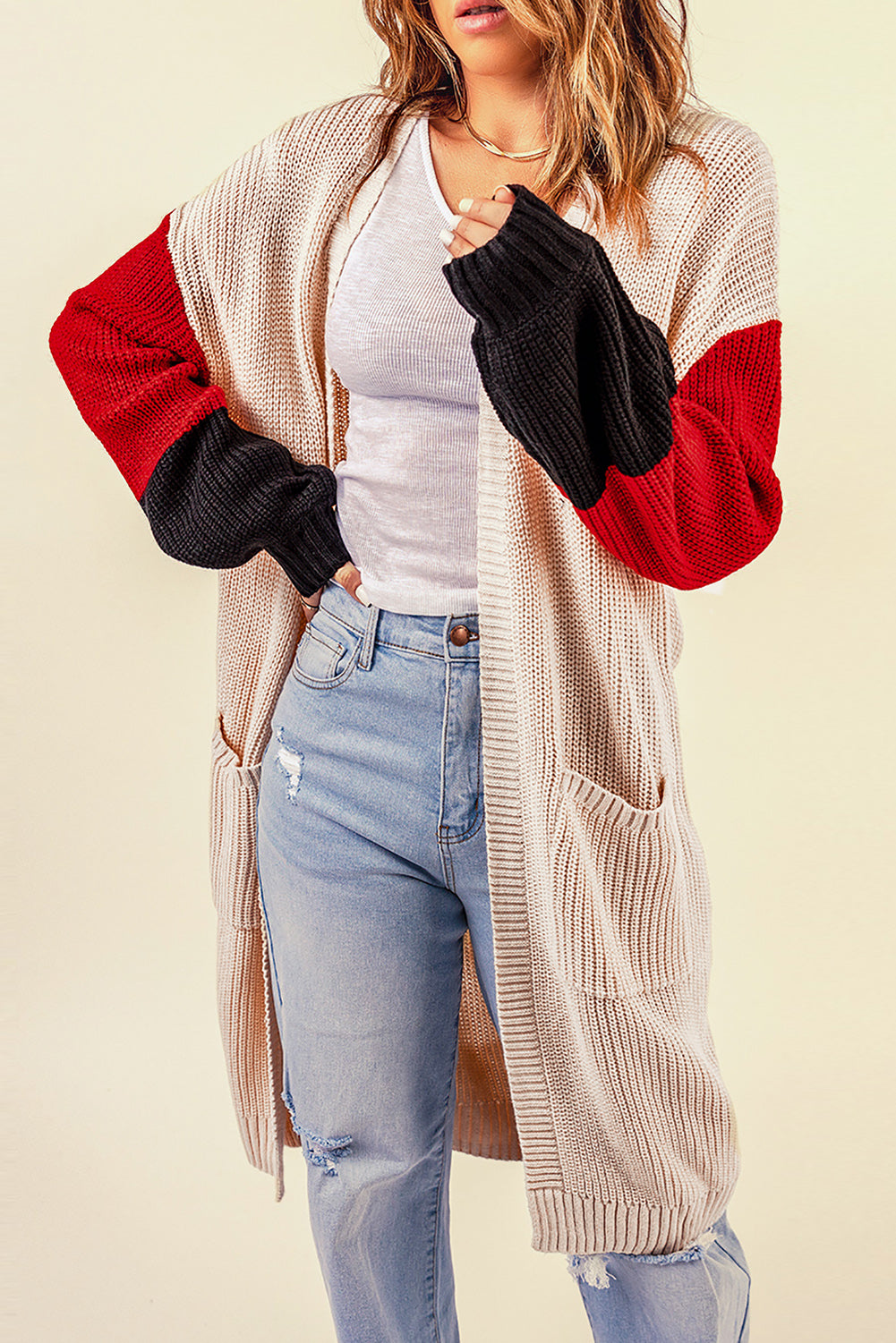 Color Block Rib-Knit Longline Cardigan with Front Pockets apricot