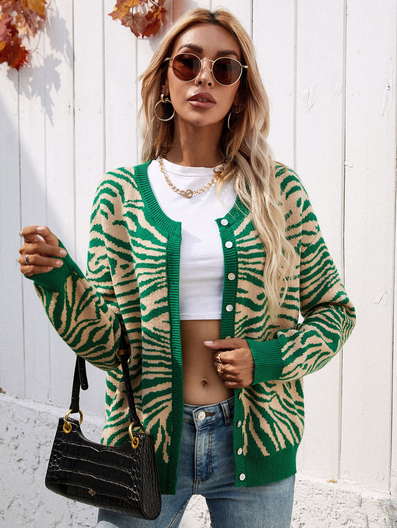 Zebra Print Button Down Cardigan green and beige