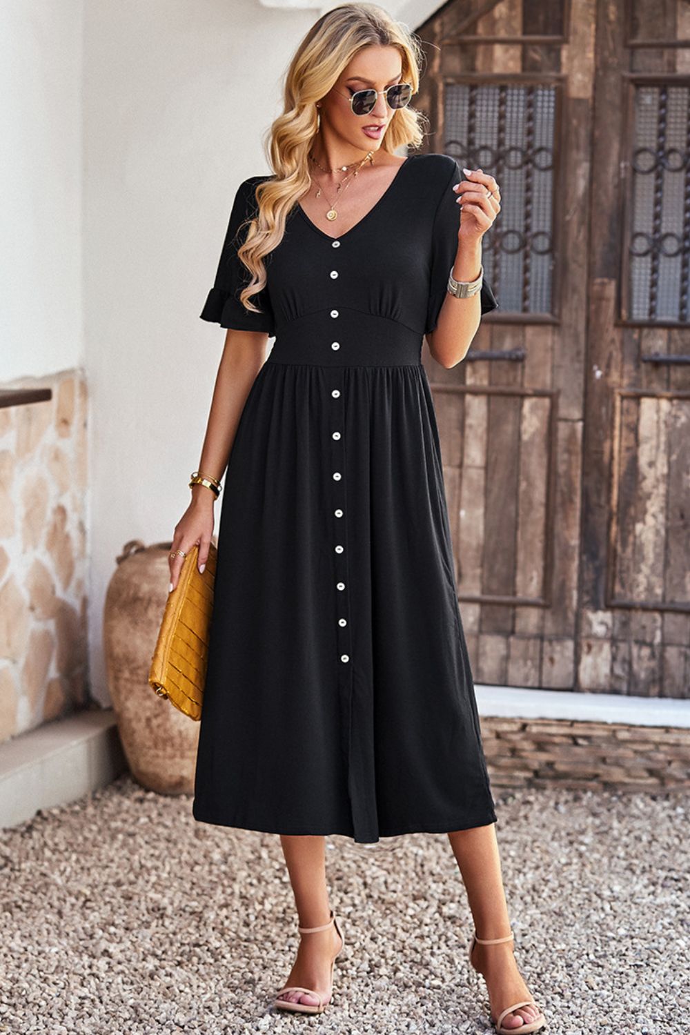 Gathered Detail Buttoned V-Neck Midi Dress