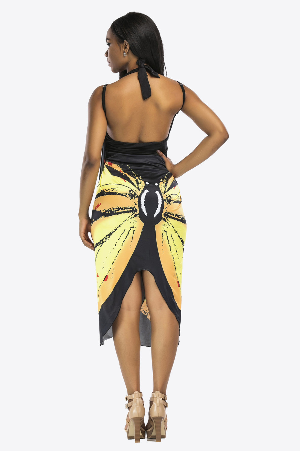 Butterfly Spaghetti Strap Cover Up back view wrapped as a dress in black and yellow