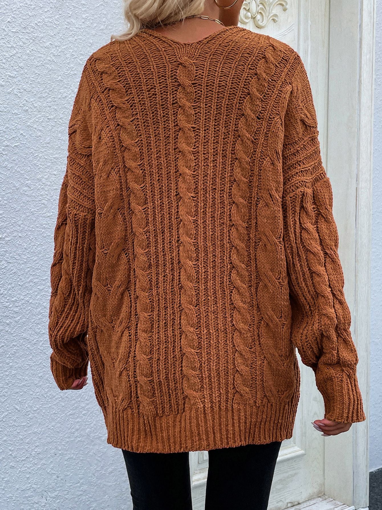 Cable-Knit Open Front Cardigan with Front Pockets caramel brown back view