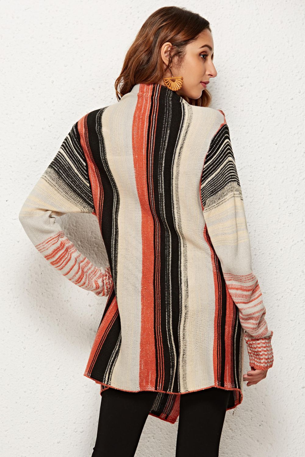 Striped Tassel Detail One-Button Cardigan orange and black back view