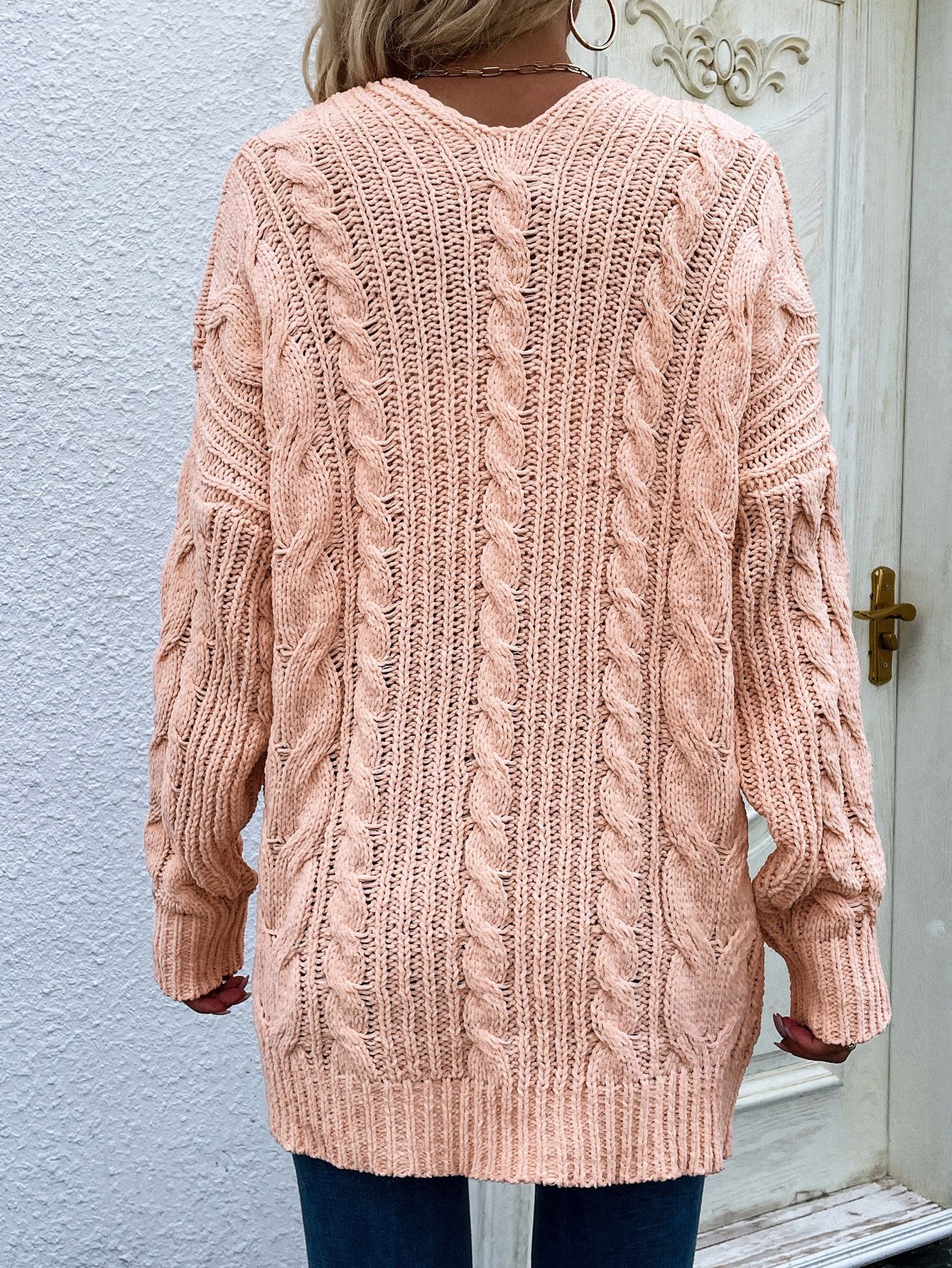 Cable-Knit Open Front Cardigan with Front Pockets pink back view