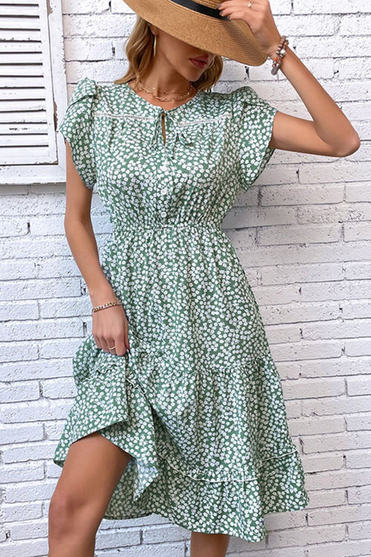 Floral Tie Neck Petal Sleeve Dress