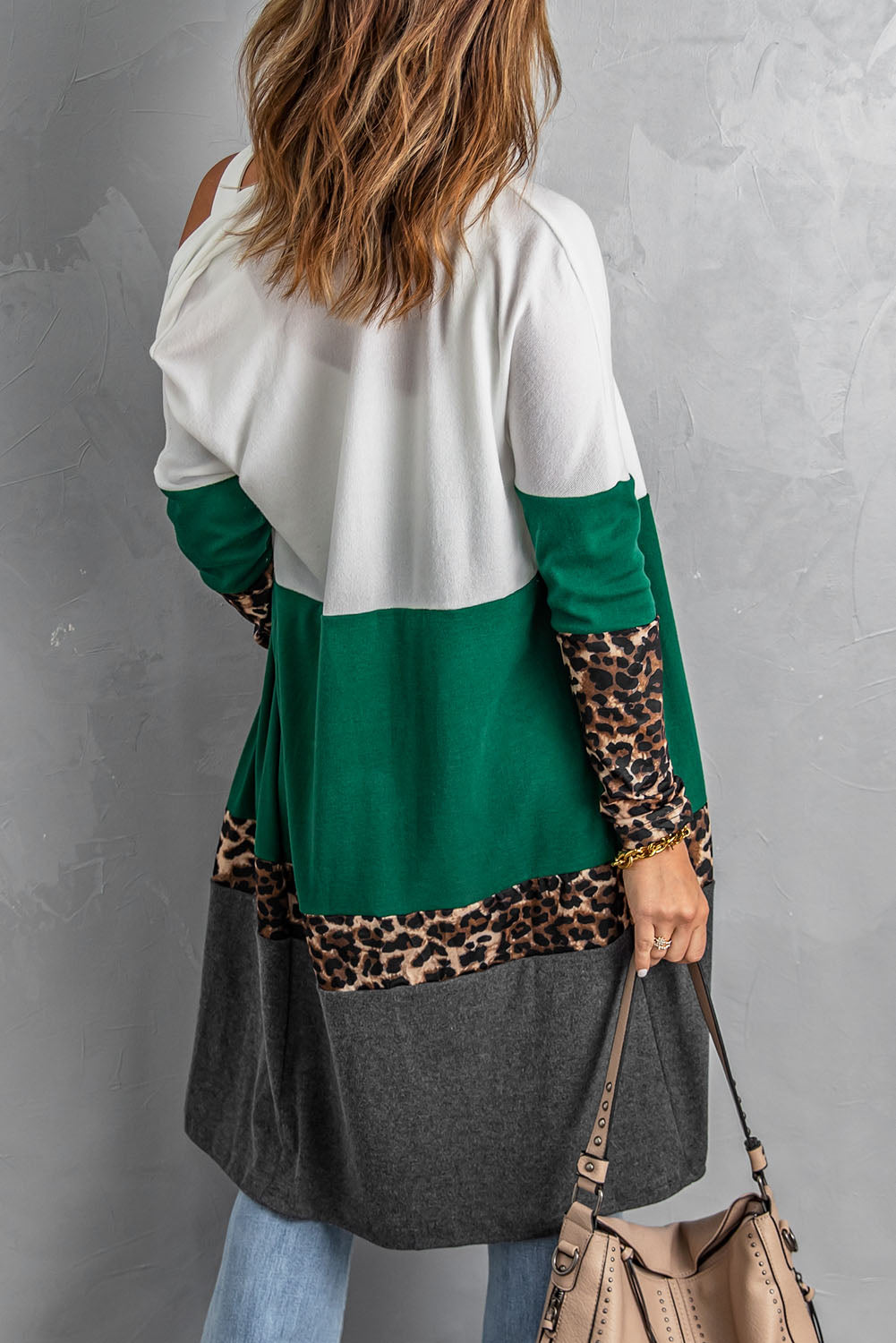 Leopard Color Block Open Front Longline Cardigan green and white back view