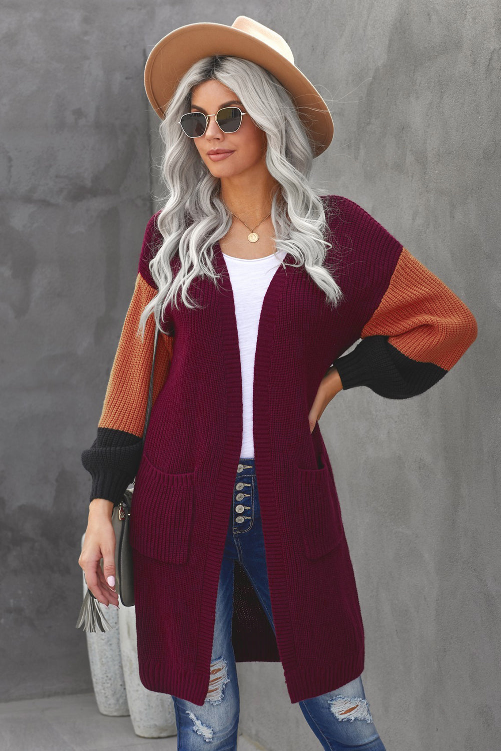 Color Block Rib-Knit Longline Cardigan with Front Pockets red