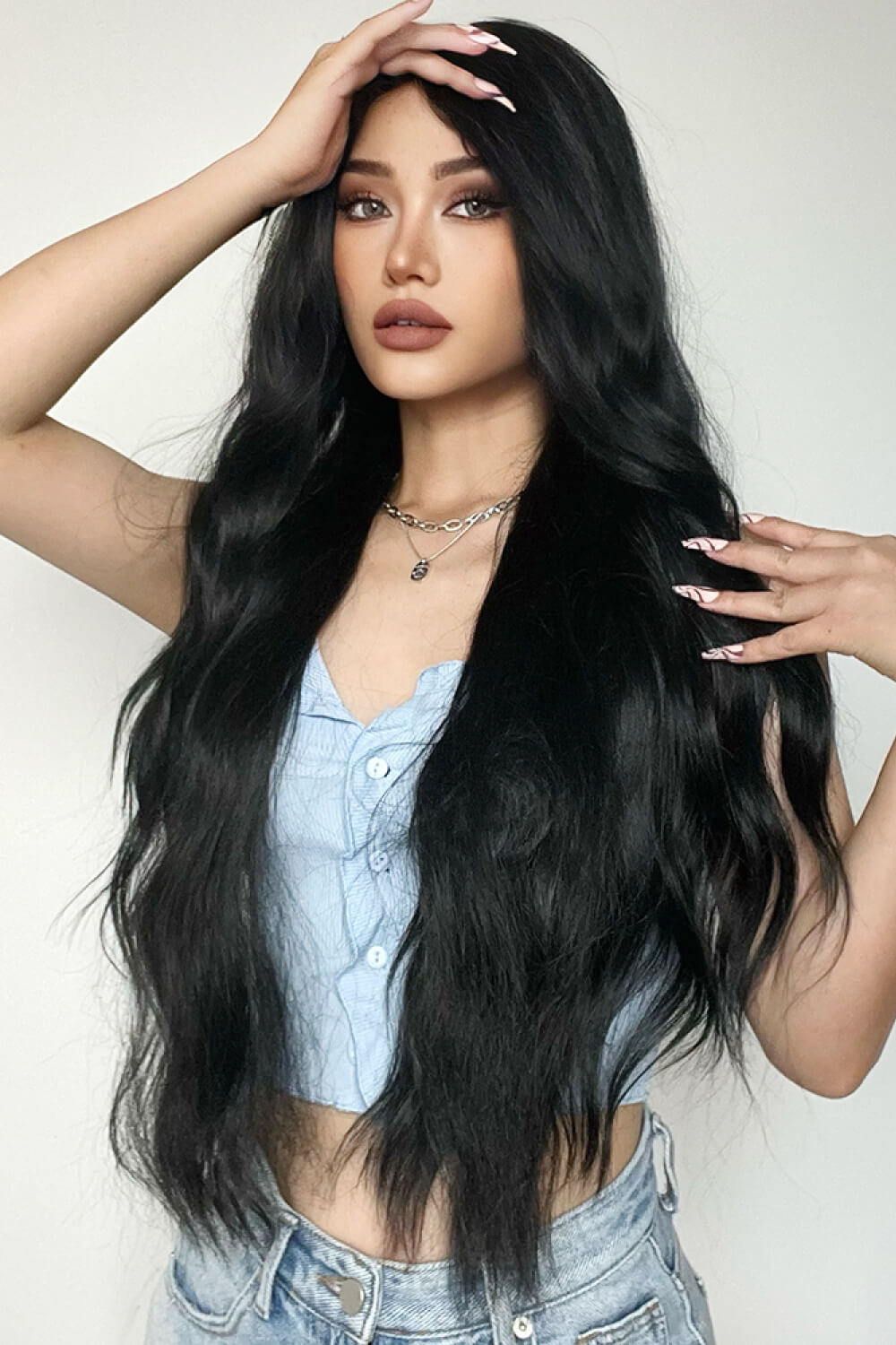 Full Machine Long Wave Synthetic Wigs 28'' Black