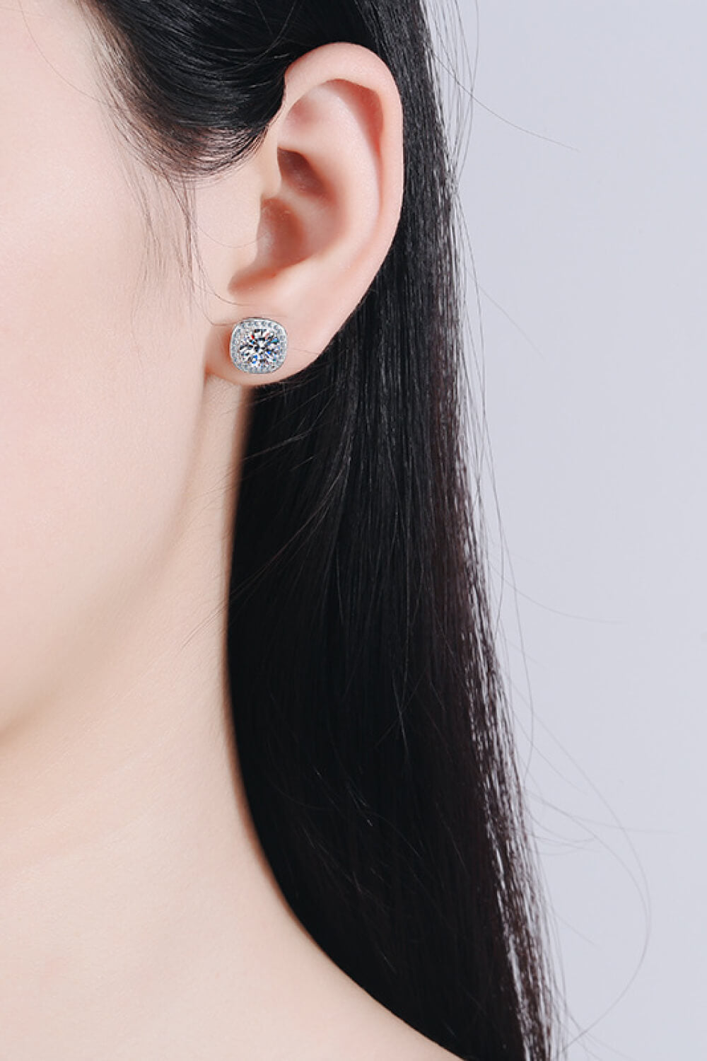 Let Me Love You 1 Carat Moissanite Stud Earrings shown in ear