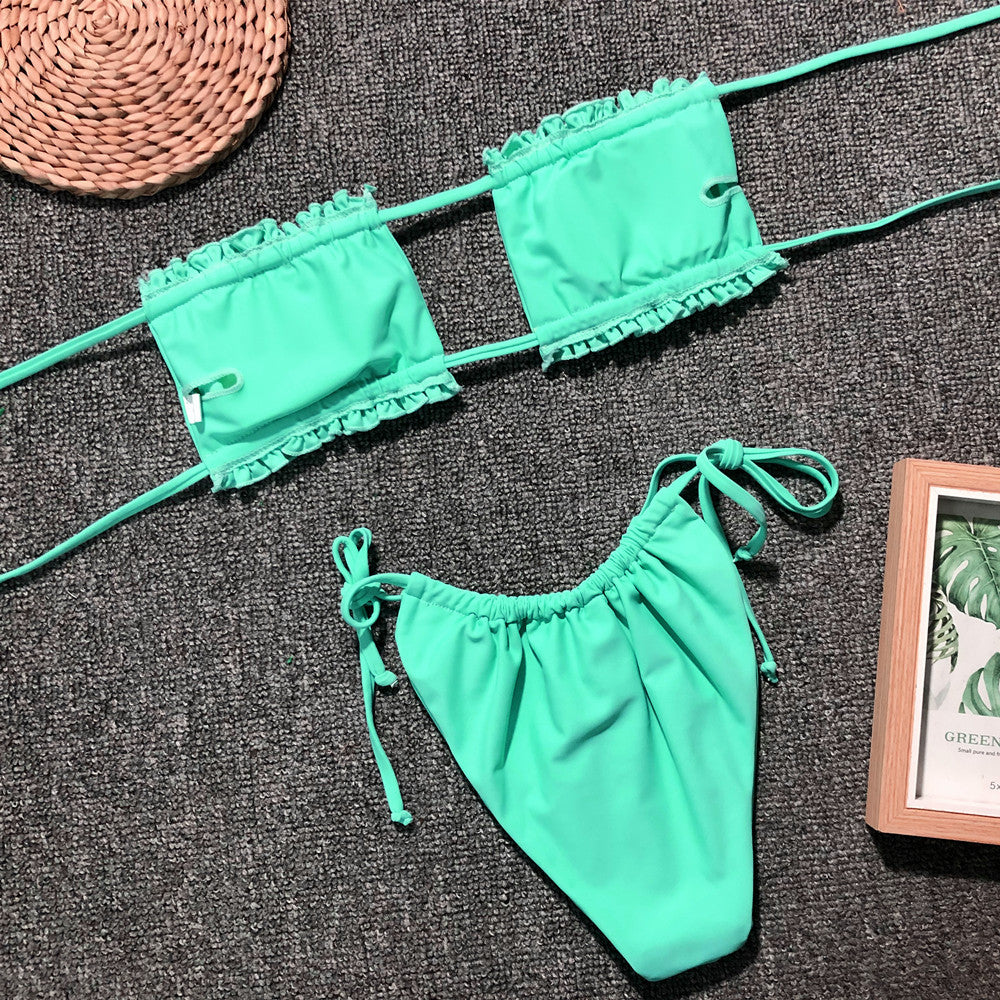 Frill Trim Ruched Bikini Set mint green