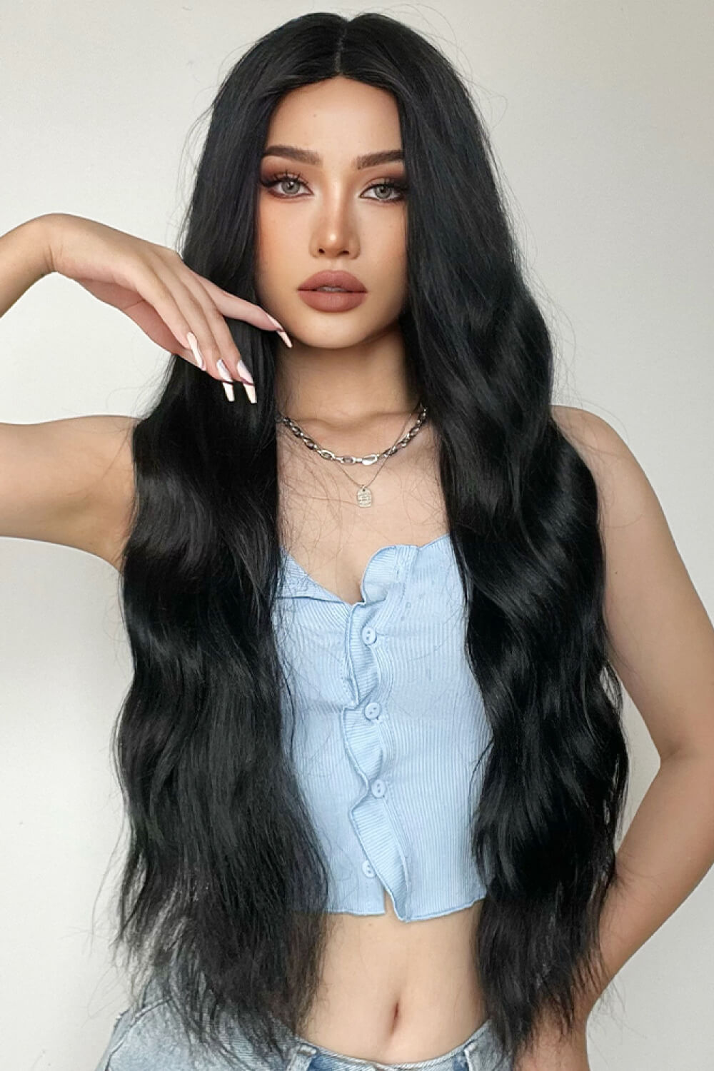 Full Machine Long Wave Synthetic Wigs 28'' Black