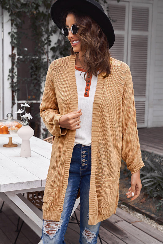 Exposed Seam Open Front Longline Cardigan with Pockets mustard yellow