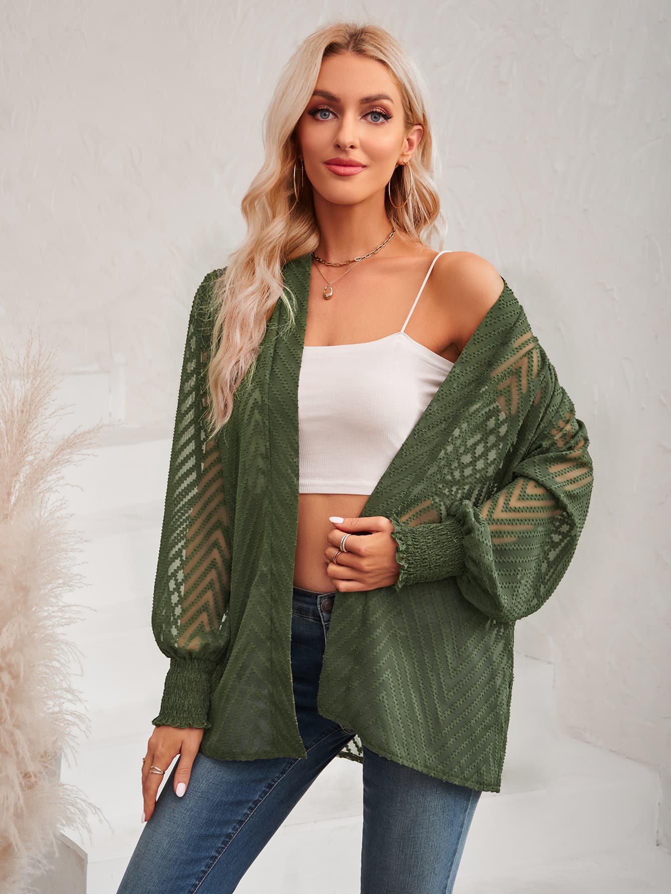 Lantern Sleeve Open Front Sheer Cardigan army green