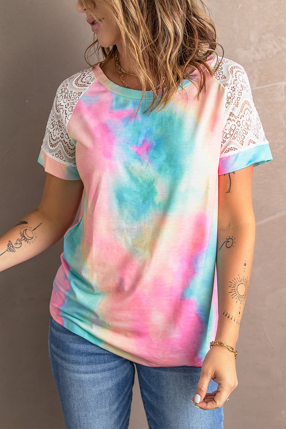 Tie-Dye Spliced Lace Raglan Sleeve Tee multi color