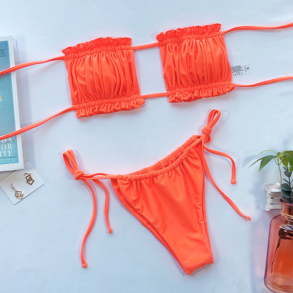 Frill Trim Ruched Bikini Set orange