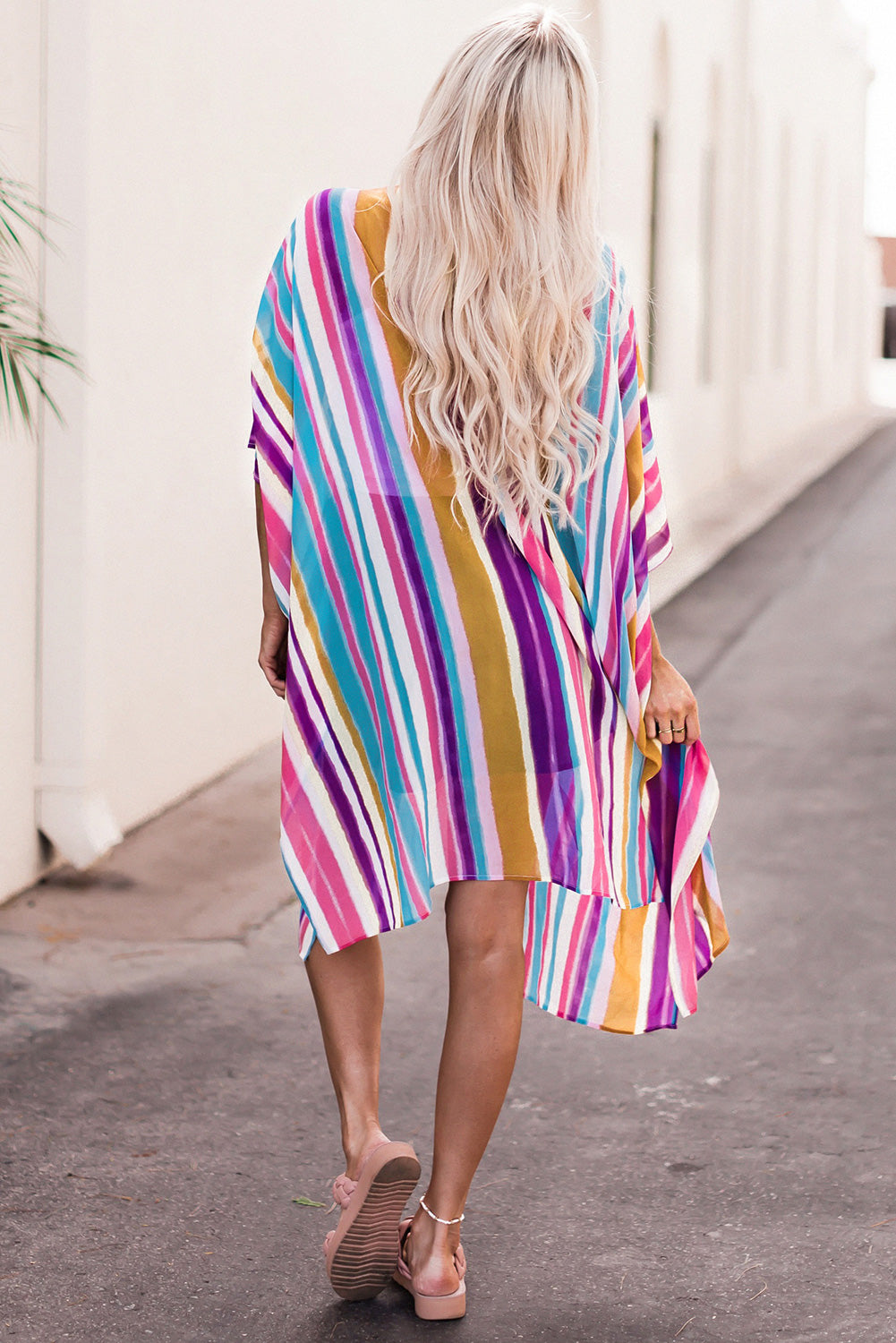 Striped Side Slit Open Front Cardigan multicolor back view