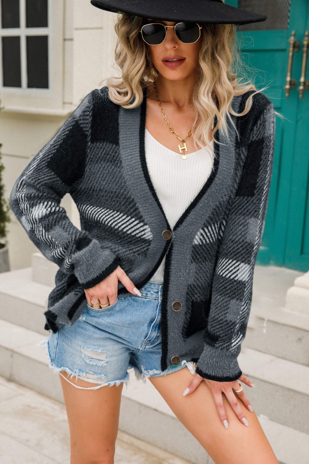 Striped Button-Front Fuzzy Cardigan gray