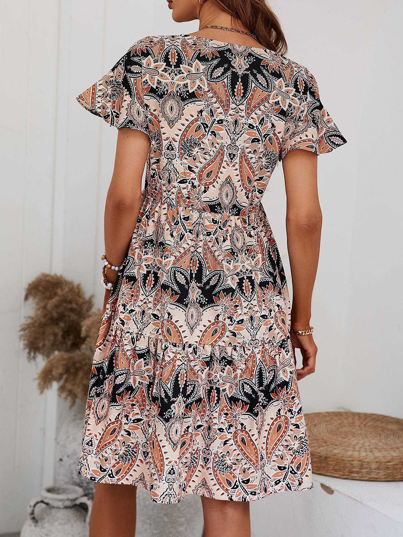 Printed V-Neck Tiered Dress