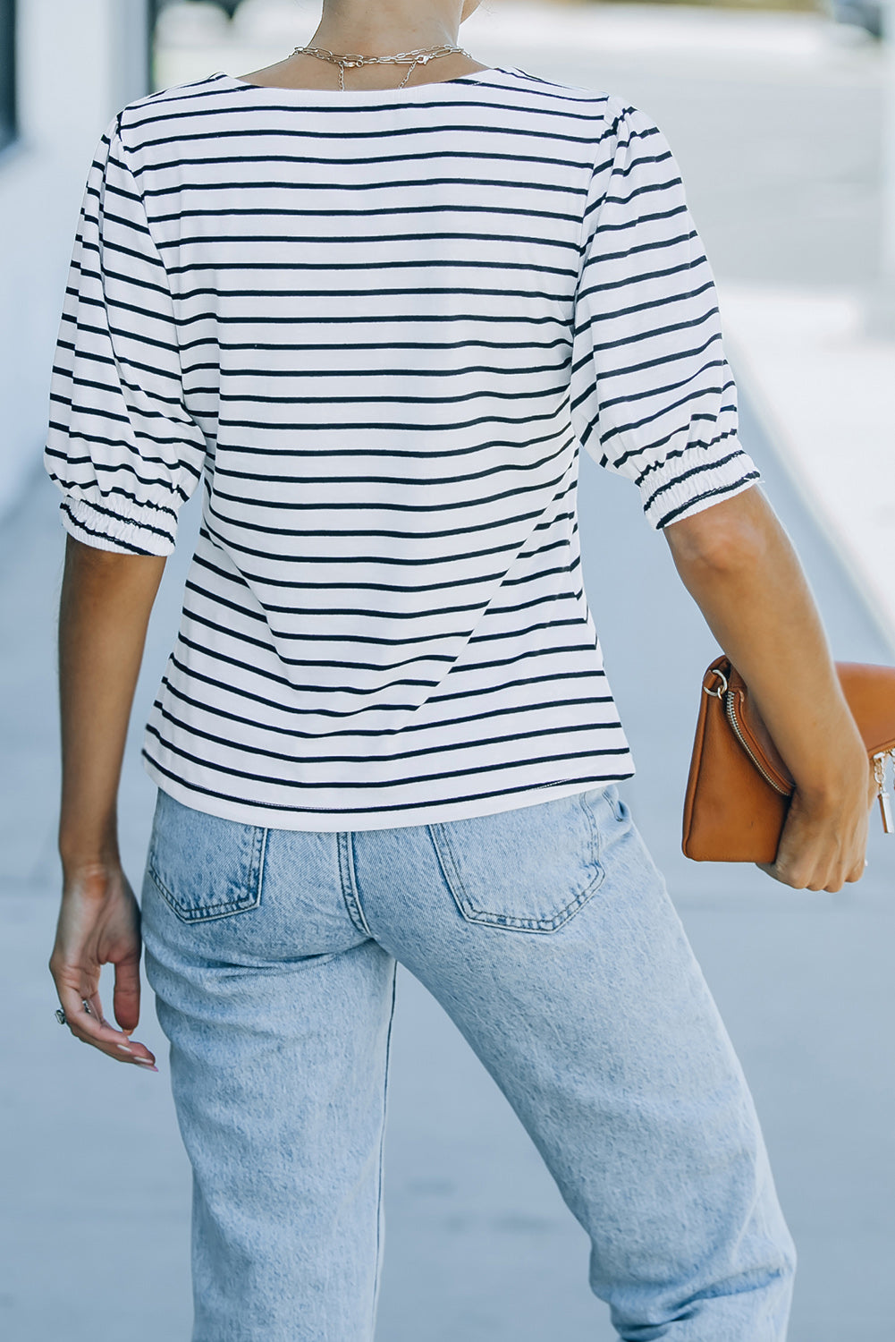 Striped Half Puff Sleeve Square Neck T-Shirt