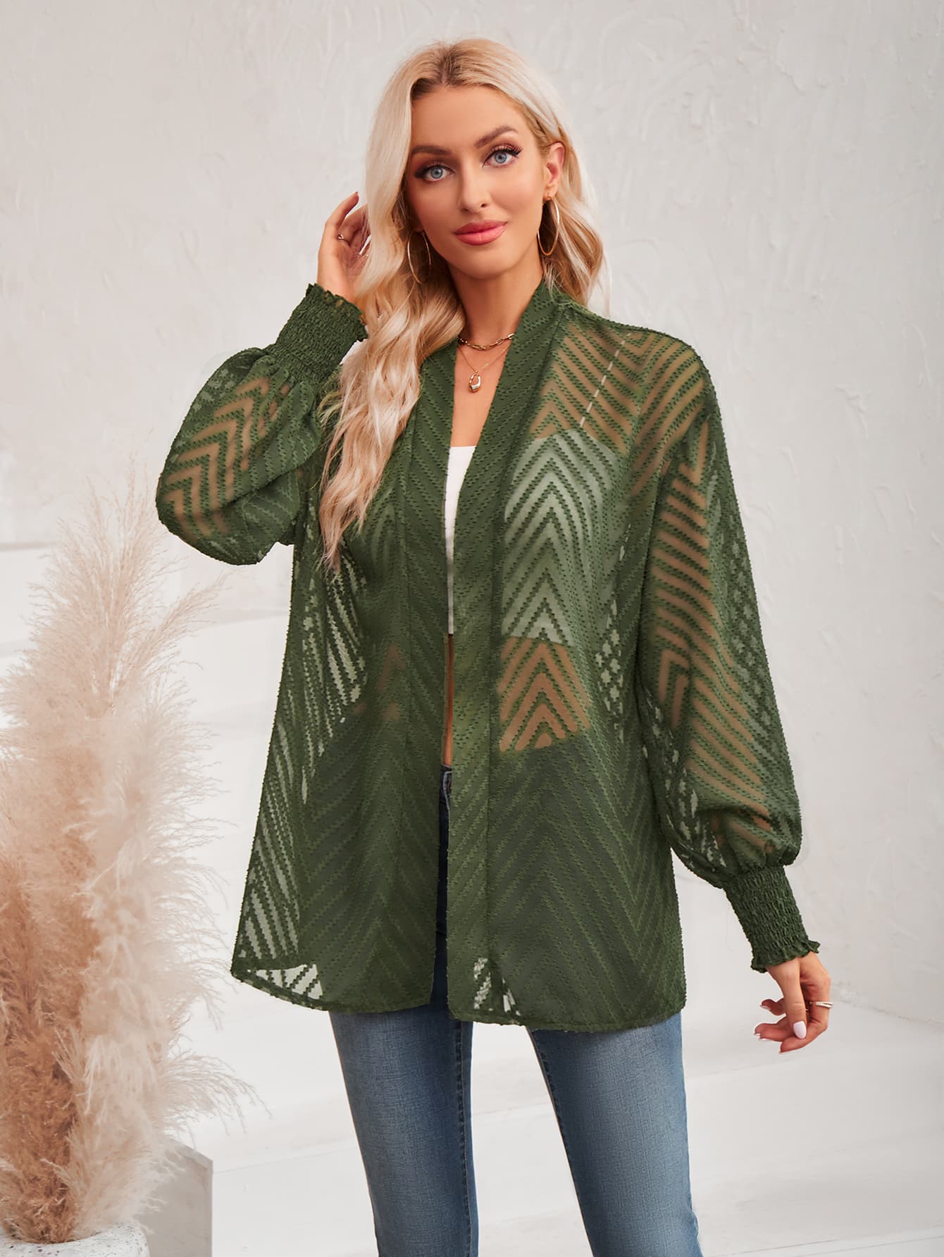 Lantern Sleeve Open Front Sheer Cardigan army green