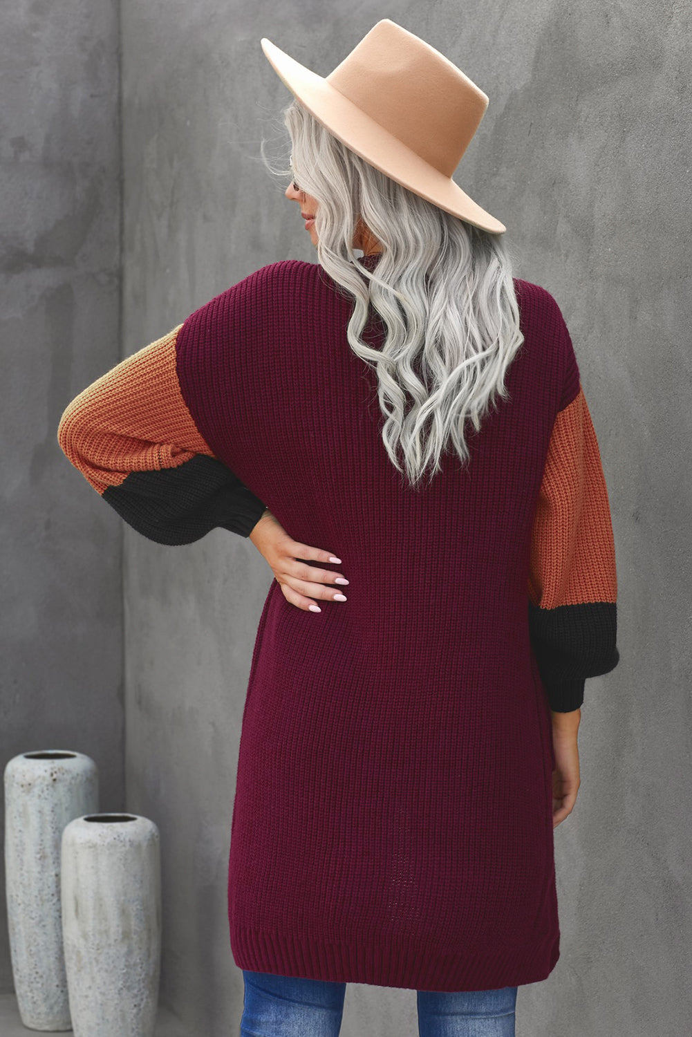 Color Block Rib-Knit Longline Cardigan with Front Pockets back view