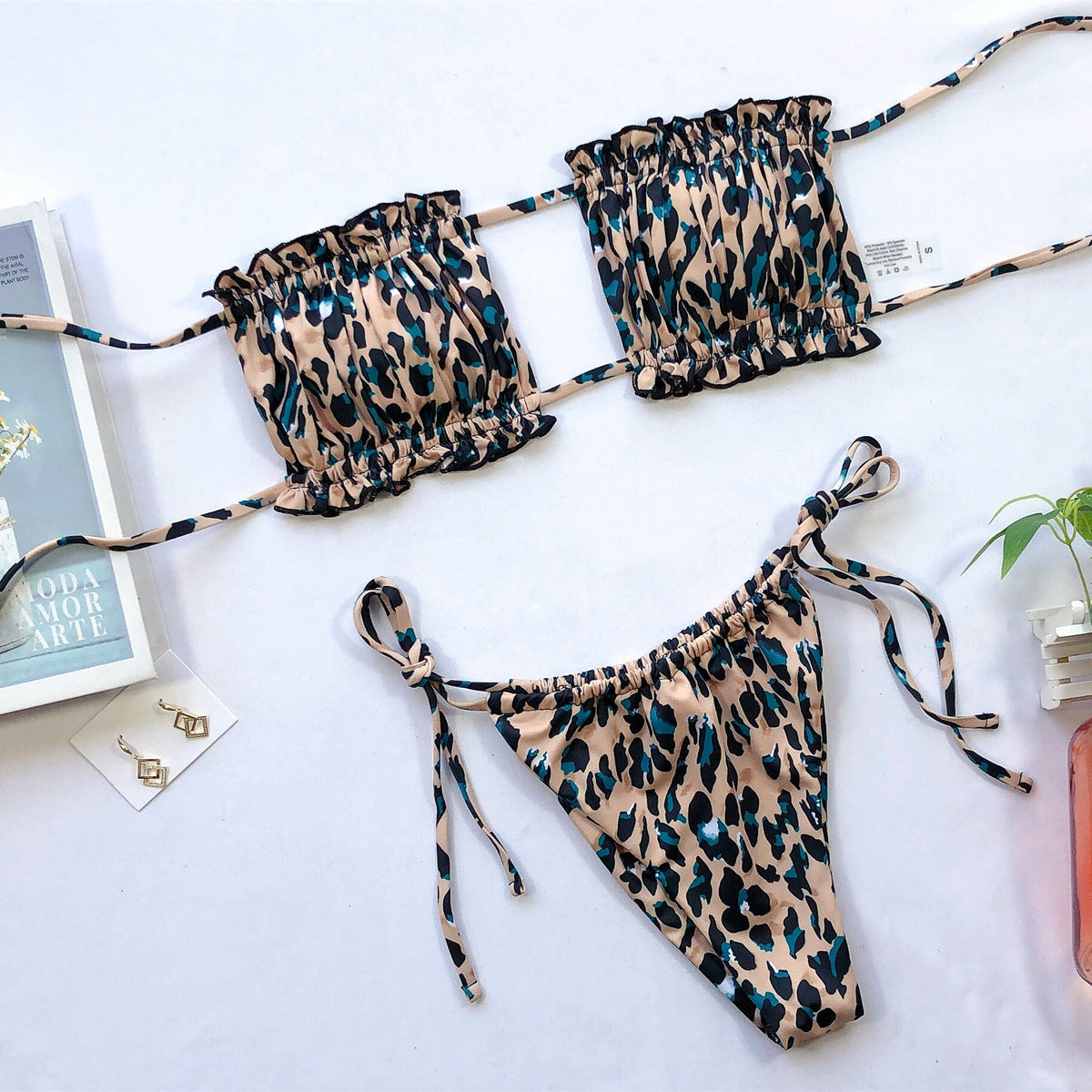 Frill Trim Ruched Bikini Set leopard print