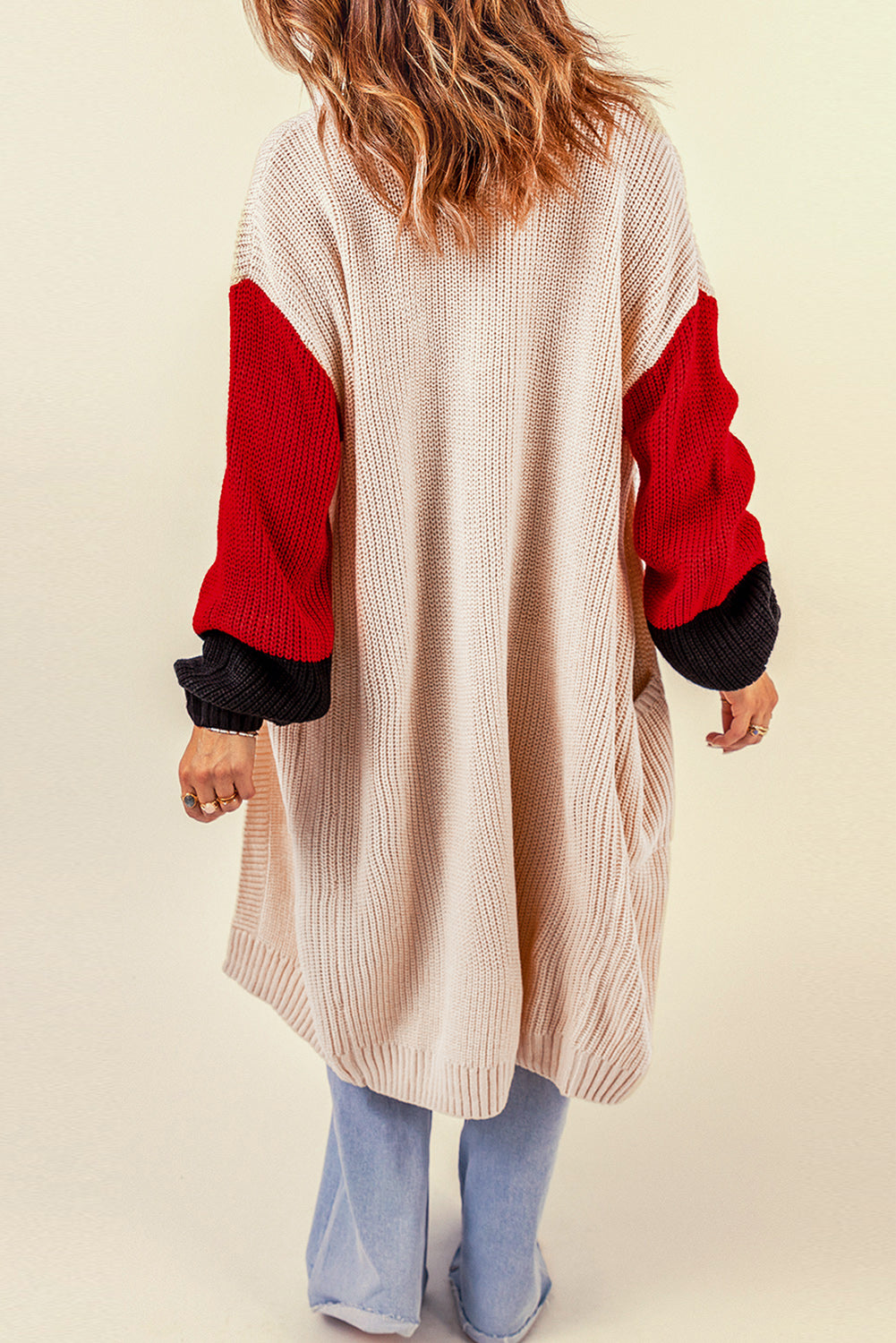 Color Block Rib-Knit Longline Cardigan with Front Pockets apricot back view