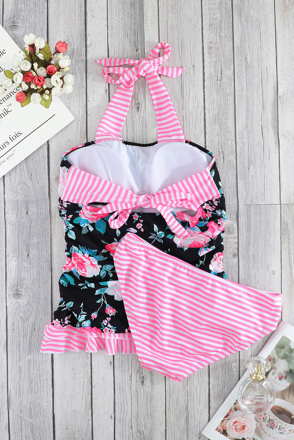 Mixed Print Tie-Back Two-Piece Swimsuit pink stripes