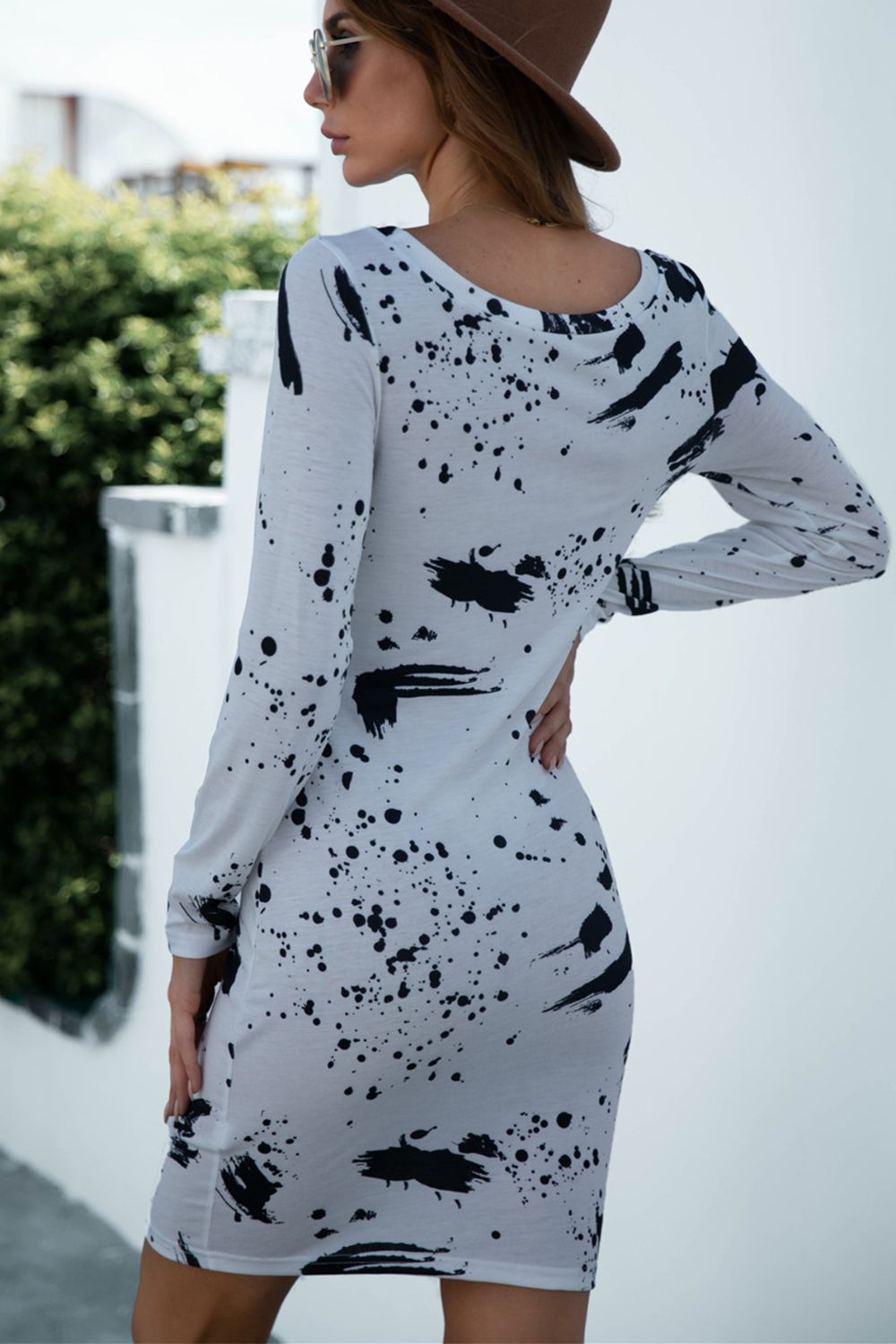 Printed Boat Neck Long Sleeve Dress