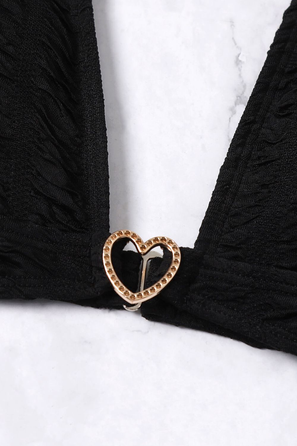 Textured High Cut Bikini Set Black with Gold Heart